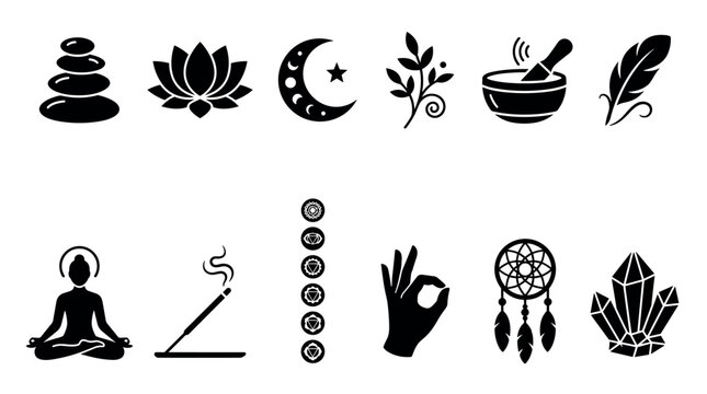 Set of black spiritual silhouette icons for meditation and yoga including a lotus, chakras, zen stones, dreamcatcher, and crystals for wellness and mindfulness concepts