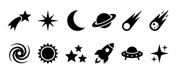 Fototapeta premium Set of black space icons featuring a rocket, planet, star, moon, sun, ufo, galaxy, comet, and meteor in a simple minimalist glyph style for astronomy and science concepts