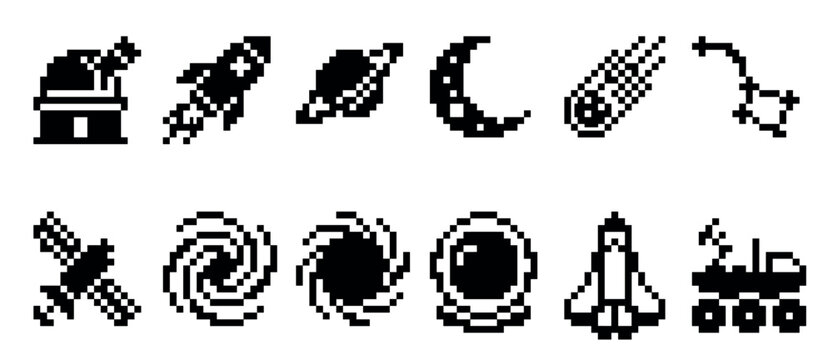 Twelve black pixel art space icons featuring a rocket, planet, astronaut, and galaxy in a minimalist retro 8-bit video game style for a user interface design