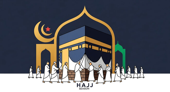 Islamic pilgrimage to Mecca, illustration of Kaaba with pilgrims in ihram clothing, crescent moon and star symbol, representing hajj and umrah