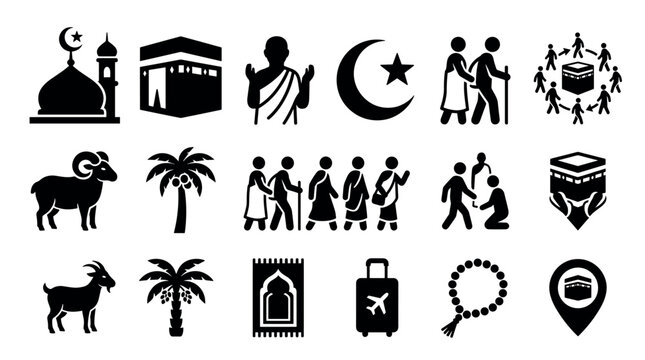 Collection of black Hajj pilgrimage icons representing Islamic religious traditions, rituals, and symbols like the Kaaba, mosque, prayer, and sacrifice for Eid al-Adha