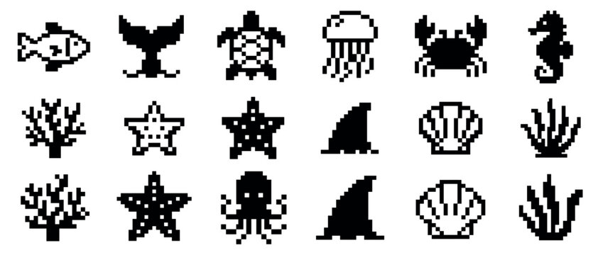Set of black pixel art sea life icons in a retro 8-bit video game style, featuring a fish, turtle, crab, octopus, shark fin, and various other marine animals and plants