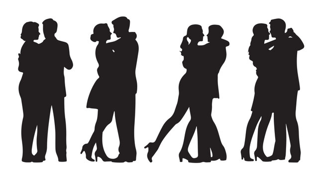 Four black silhouette figures walking side by side