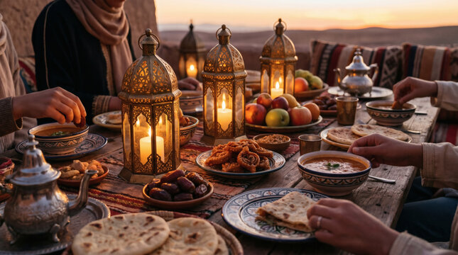 Traditional Moroccan Ramadan Iftar Table Setup with Lanterns