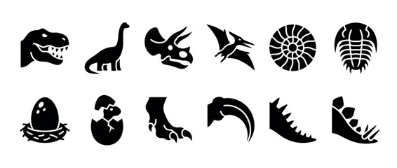 Obraz premium Set of twelve black dinosaur silhouettes featuring a T-Rex head, Triceratops skull, Pterodactyl, fossils, hatching egg, and claw in a minimalist graphic icon style