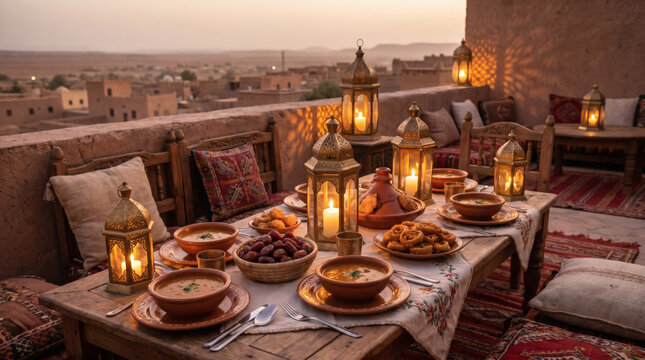 Traditional Moroccan Ramadan Iftar Table Setup with Lanterns