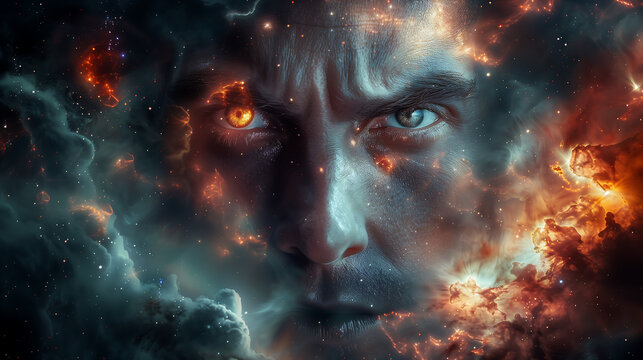 A dramatic portrait of a person (or human-like figure) staring directly at the viewer with intense, tense, piercing eyes, furrowed brow, expression full of determination or unease. 