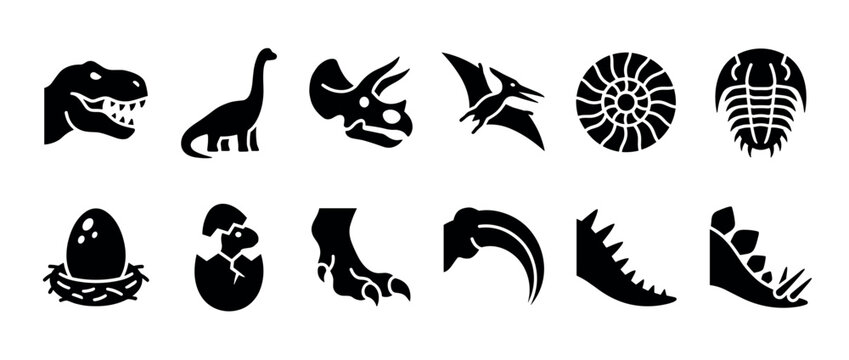Set of twelve black dinosaur silhouettes featuring a T-Rex head, Triceratops skull, Pterodactyl, fossils, hatching egg, and claw in a minimalist graphic icon style