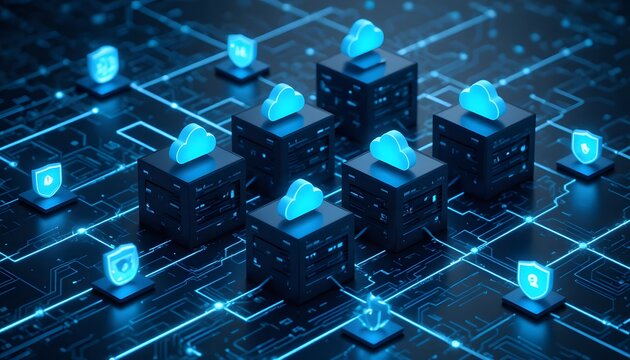cloud computing server network data center with digital security shield icons