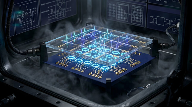 Advanced quantum computing processor with intricate circuits and cooling system
