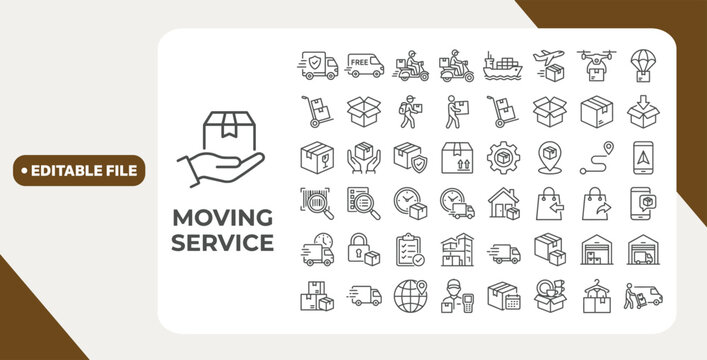 Moving Service web icons in line style. Courier, office move, packing, loaders, collection. Editable stroke.  Vector illustration.