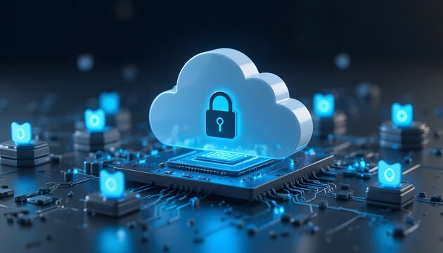 secure cloud computing microchip with padlock icon on circuit board