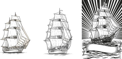 Vintage Sailing Ship Illustrations with Detailed Sails for Nautical Art, Marine Design, and Maritime Graphics © Sabbir