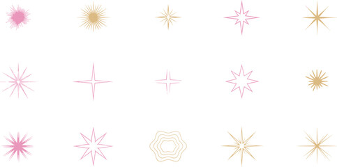 Elegant Sparkle and Starburst Icon Set with Gold and Pink Shining Stars for Luxury Branding, Festive Decorations, Celebration Graphics, and Magical Designs © MD