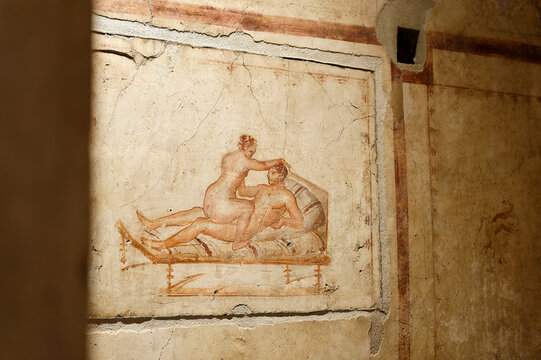 "Erotic Fresco in Cubiculum of the House of the Vettii: Roman Bedroom Scene in Pompeii"