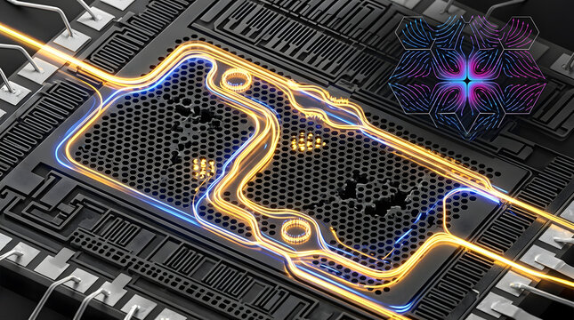 Advanced optical quantum computing chip with glowing data pathways and hexagonal atomic structure for next-generation processing
