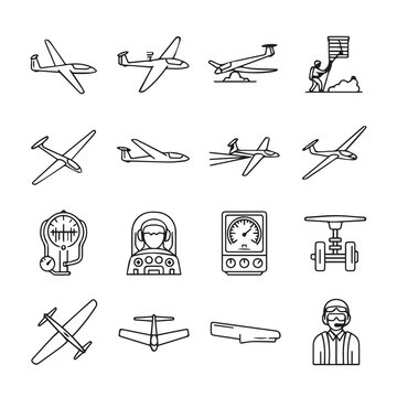 Glider airplane and aviation equipment icons with pilot for flight sports and travel concepts