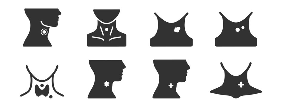 Thyroid gland and neck health icons set, medical and anatomical vector illustration on transparent background