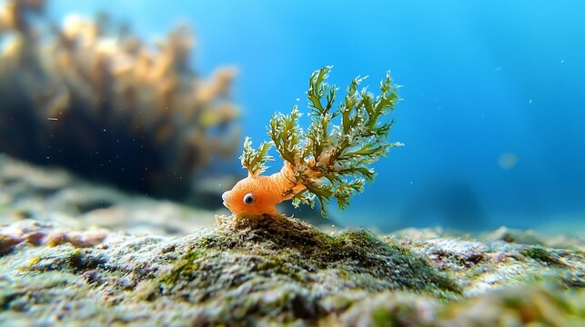 Striking Nudibranch Shaun the Sheep Sea Slug with Algae Crown on Ocean Floor.