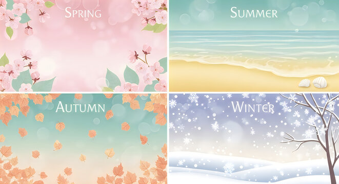 Four seasonal landscapes collage spring blossoms summer beach autumn foliage and winter snow