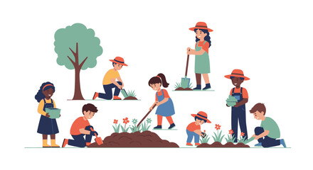 Fototapeta premium Diverse children and adults joyfully gardening together outdoors.