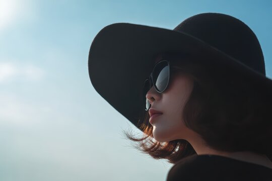 日よけ帽子をかぶった女性が日中の空を眺める