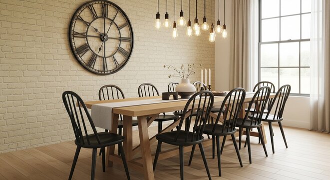 Rustic industrial dining area with white brick and large clock