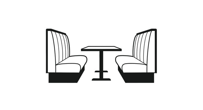 Simple black and white illustration of a diner booth and small table