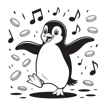 Black and white of a cheerful chef dancing with musical notes