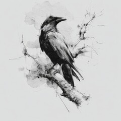 Naklejka premium Artistic Charcoal and Ink Sketch of a Raven Perched on a Barren Tree Branch Featuring Expressive Line Work and Subtle Watercolor Splashes for a Moody Gothic Nature Illustration and Fine Art Design