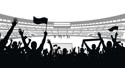 A silhouetted crowd cheering at a soccer game in a stadium © PROMA