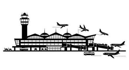 Obraz premium A black and white illustration depicts an airport with planes and a control tower