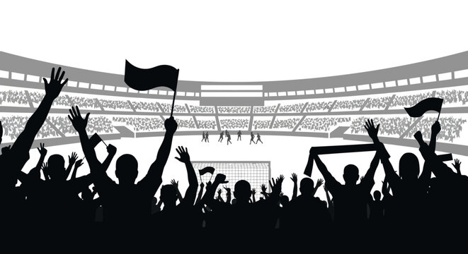 A silhouetted crowd cheering at a soccer game in a stadium