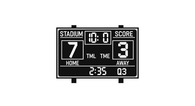 Black and white illustration of a digital sports scoreboard displaying game time