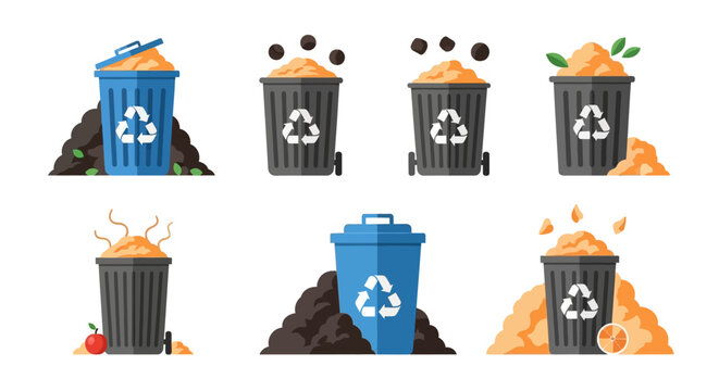 Colorful vector icons of recycling bins with various waste materials.