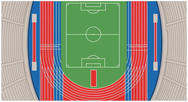 Aerial view of a running track surrounding a soccer field