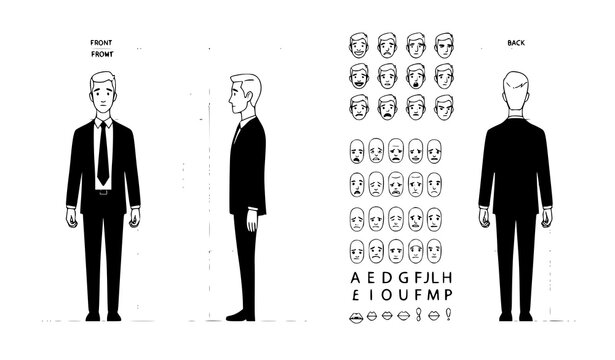 Minimal Businessman Character Turnaround Expressions Vector Design