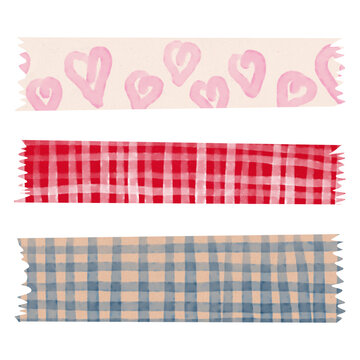 Hand-drawn watercolor washi tape strips set with pink hearts, red gingham, and blue plaid patterns. Decorative ribbons for zine and scrapbook. Isolated on transparent background (PNG format).