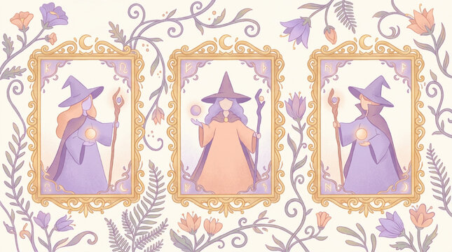 Fantasy illustration of three witches in ornate golden frames with floral ornaments