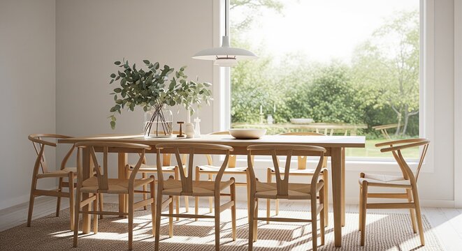 A bright, Scandinavian-style dining room with a long wooden table and designer chairs, situated in front of a large window overlooking a lush green garden.