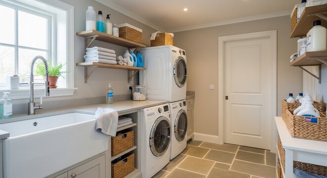 A clean and organized modern laundry room with white front-load washer and dryer stacked and side-by-side. The room features a large farmhouse sink, wooden shelves with organized towels and detergents