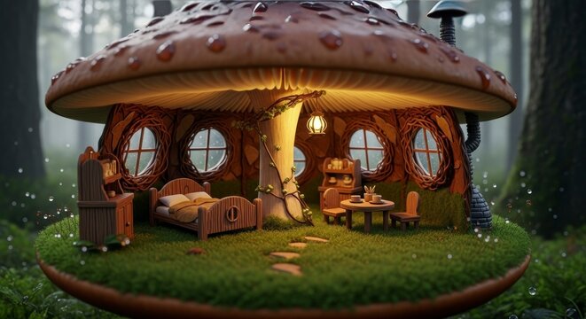 Fantasy mushroom house with whimsical interior and inviting atmosphere