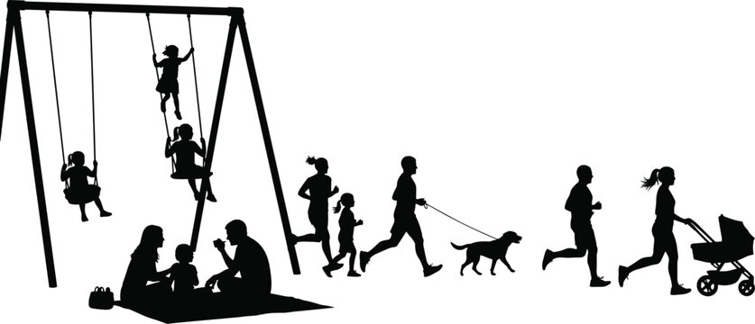 Diverse group of people enjoying outdoor activities: children on a swing set, a family picnicking, jogging with a dog, and a parent with a stroller.