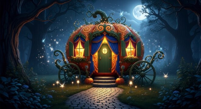 Fantasy pumpkin carriage illuminated at night with full moon and forest backdrop