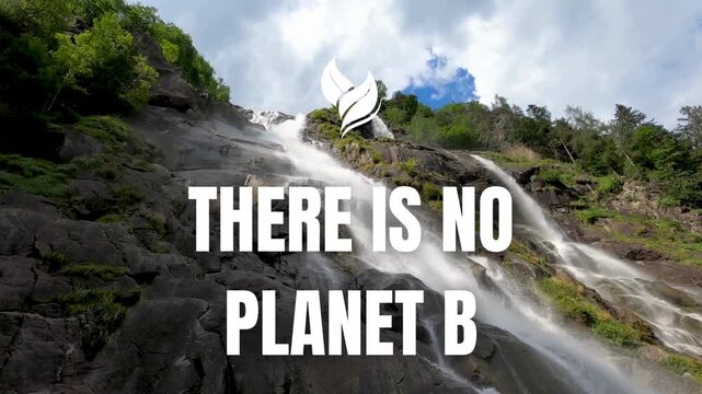 Environmental video with a call to protect the planet featuring There is no Planet B animated text on a forest waterfall background for nature conservation and sustainability advertising.