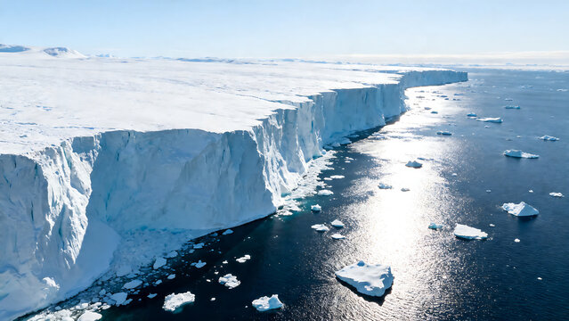 Massive Antarctic ice shelf edge with floating icebergs, aerial view of polar glacier melting into the ocean, arctic climate change landscape isolated on White Background