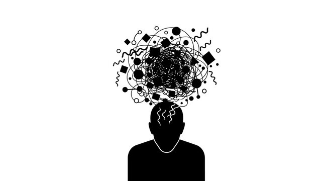 A silhouette of a head overwhelmed by chaotic lines and shapes