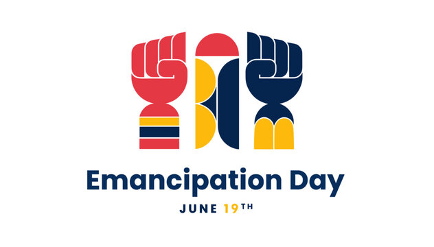 Emancipation Day logo with colorful raised fists and text  
