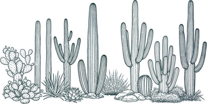 Hand Drawn Desert Flora Collection Featuring Saguaro Prickly Pear And Barrel Cactus Varieties With Arid Landscape Succulents Vector Illustration
