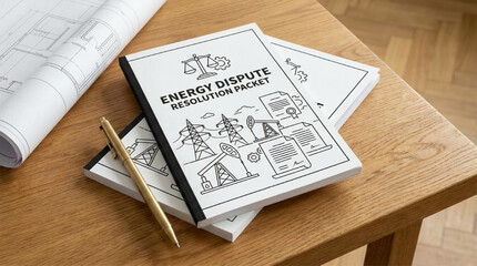 Obraz premium Energy dispute resolution document on a desk with blueprints